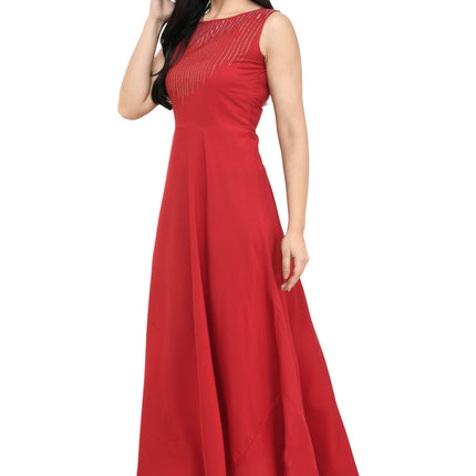 Oceanista Women's Crepe Embellished Partywear Red Maxi Dress